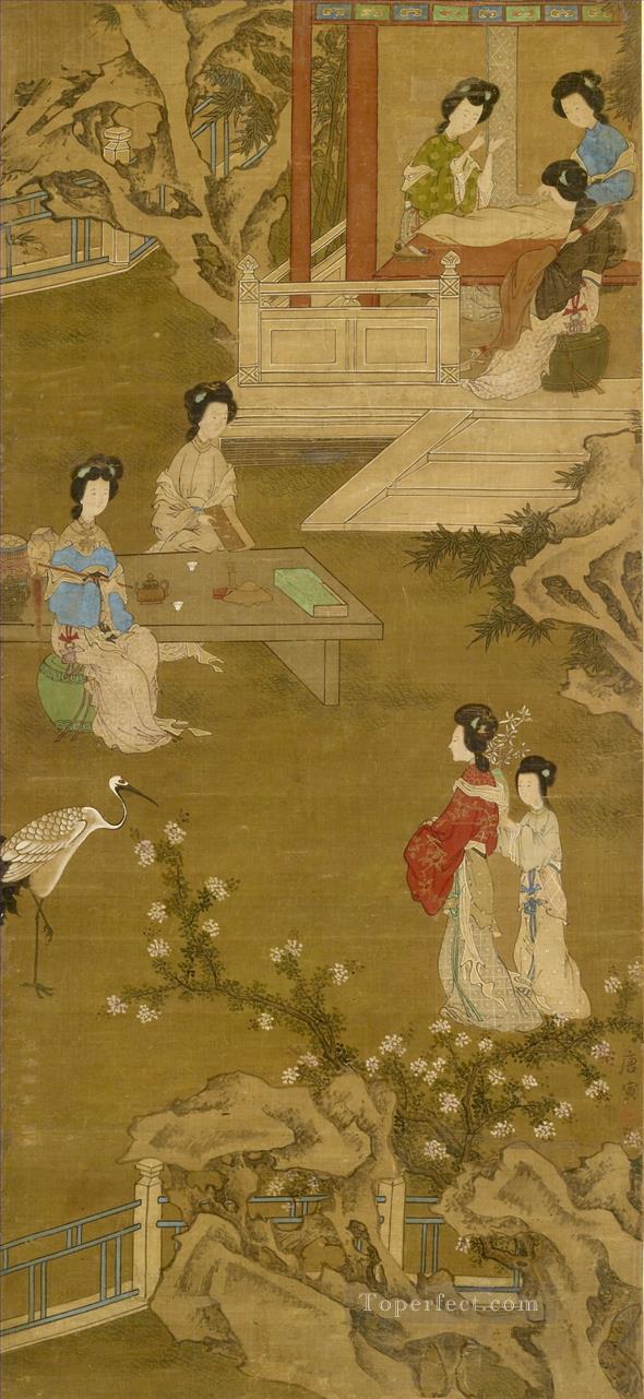 唐陰の古い中国の墨に基づいて花嫁のドレスの匿名コピーを作成する油絵